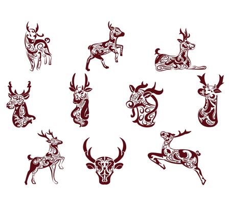 Elegant illustration set of abstract deer with intricate filigree patterns. Ideal for wall art, holiday decor, nature inspired designs, and ornamental prints.