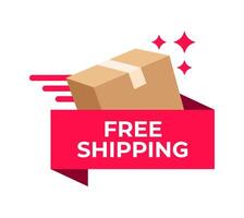 Free Shipping Delivery Icon. Cardboard Box with fast, sparkles and Free Shipping Ribbon Tag. Shipping Box Graphic with Red Free Shipping Banner. Illustration vector