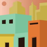 This abstract image shows colorful buildings under a large sun. vector