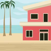 Pink beach house near two palm trees. vector