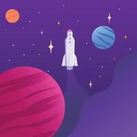 Rocket flies past planets and stars in outer space. vector