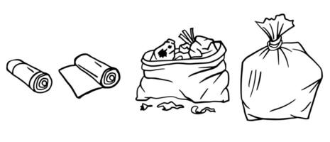trash bag using steps line art illustration, an open garbage bag with waste, and a tied full bag useful for cleaning visuals, sanitation guides, or packaging icons. vector