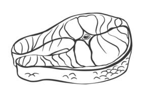 Black and white of a raw fish steak with scale and bone details, great for packaging, seafood menus, cooking blogs, icons, or culinary prints. vector