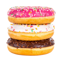 Stack of Three Sweet Donuts with Pink White and Chocolate Icing on Transparent Backdrop png