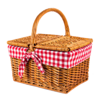 Wicker Picnic Basket with Red Gingham Liner and Handle on Transparent Backdrop png