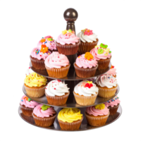 Tower of Colorful Cupcakes with Pink and White Frosting on Transparent Background png