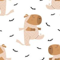Pattern with capybara in mummy costume and bats vector