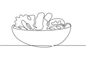 Salad in bowl continuous line drawing. Minimalist food and healthy eating concept isolated on white. vector