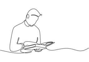 Student reading a book in continuous line drawing. Joy of reading and learning in education concept. vector