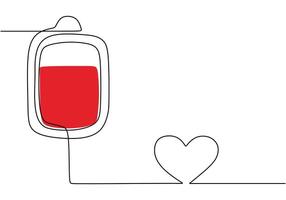 Blood Donation with Heart and Bag Line Drawing. Healthcare concept featuring a red blood bag and love symbol. vector