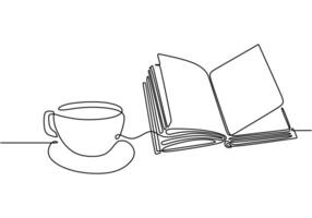 Open book with coffee in continuous line drawing. Education concept symbolizing study and relaxation. vector
