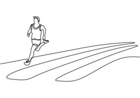 Person running on the track in continuous line drawing. Athlete in marathon competition concept. vector