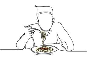 Man eating noodles depicted in continuous line drawing. Illustration for food and people concepts. vector