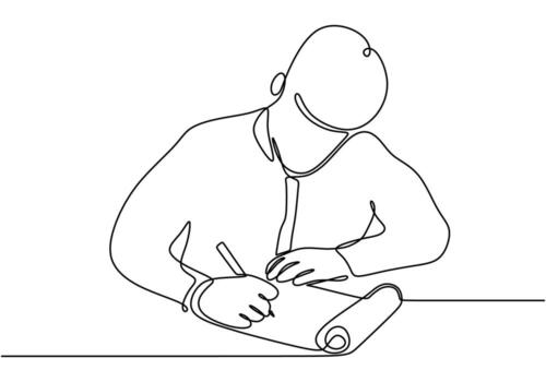 estudiantes escritura en cuadernos en continuo línea dibujo. colaboración y compromiso en aprendizaje concepto. vector