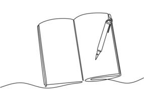 Open book with a pen in continuous line drawing. Education and literature concept emphasizing writing and reading. vector
