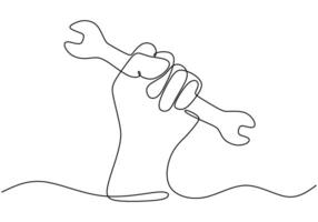 Hand gripping wrench line drawing vector