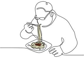People enjoying spaghetti noodles illustrated in continuous line drawing. Food and person concept design. vector