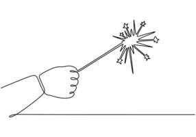 Hand holding fireworks in continuous line drawing. Party-themed illustration on a white background. vector