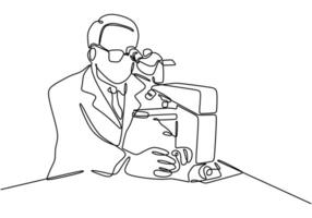 Scientist with microscope one line drawing. vector