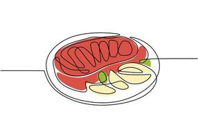 Steak on a plate illustrated in continuous line drawing. Food concept design. vector