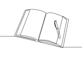 Open book with a pen in continuous line drawing. Writing and study habits in education concept. vector