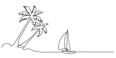 Sailboat with coconut palm tree in continuous line drawing. Vacation and beach view concept. vector
