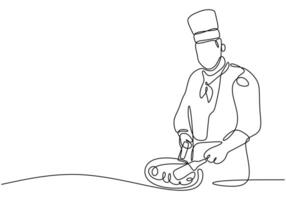 Chef preparing food in kitchen line art vector