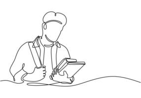 Student holding a book in continuous line drawing. Enthusiasm for reading in education concept. vector