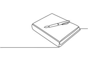 Closed book with a pen on top in continuous line drawing. Study materials and preparation in education concept. vector