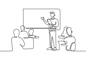 Students presenting in front of the class in continuous line drawing. Communication and knowledge sharing in education concept. vector