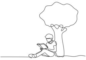 Students enjoying reading under a tree in continuous line drawing. Love for books and nature in education concept. vector