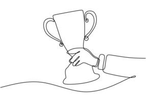 Hand holding trophy in continuous line drawing. Achievement and success concept. vector