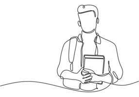 Student holding a book in continuous line drawing. Learning and knowledge in education concept. vector