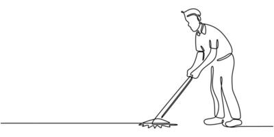 Cleaning service worker with a spin mop in continuous line drawing. Home cleaning concept. vector