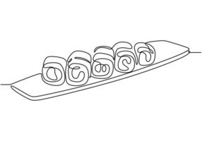 Sushi roll continuous line drawing. Minimalist Japanese food concept isolated on white. vector