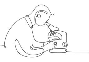 Scientist Observing with Microscope Line Art. Continuous line drawing for healthcare and research themes. vector