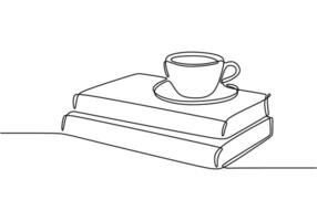 Stack of books with a coffee cup on top in continuous line drawing. Relaxation and study time in education concept. vector