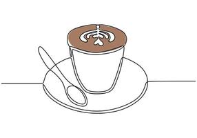 Coffee cup with cappuccino latte art continuous line drawing. Minimalist drink concept. vector
