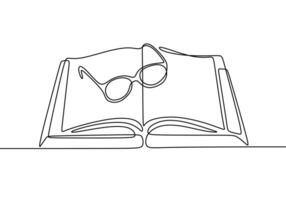 Open book with glasses in continuous line drawing. Education concept highlighting study and reading. vector