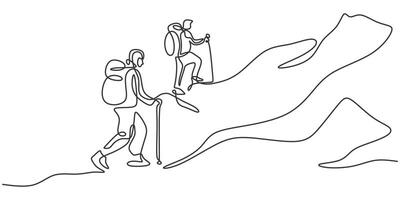 Two hikers climbing mountain one line drawing vector