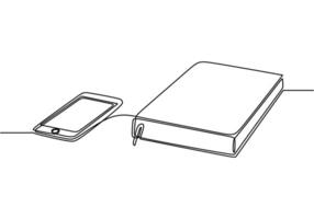 Headphones and a book beside it in continuous line drawing. Fusion of audio learning and reading in education concept. vector