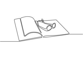 An open book with glasses in continuous line drawing. Knowledge and reading in education concept. vector