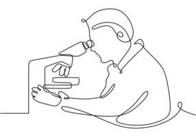 Scientist with Microscope Line Drawing. Minimalist healthcare concept for scientific research. vector