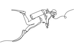 Scuba diving in one line drawing. Sport and health activity illustration. vector