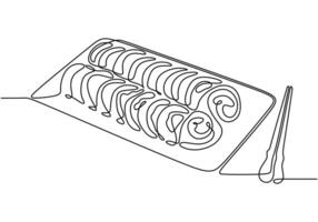 Sushi roll depicted in continuous line drawing. Minimalist design for food and drink concepts. vector