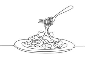 Fork with noodles on plate drawing vector