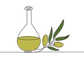 Continuous line drawing of olive oil and bottle. Illustration for food and drink concepts. vector