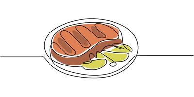 Steak and vegetables one line drawing vector