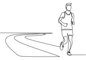 Athletes running on the track in continuous line drawing. Marathon run and endurance concept. vector