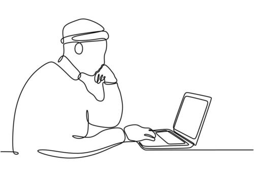 estudiantes comprometido con laptops en continuo línea dibujo. digital aprendizaje y colaboración en educación concepto. vector